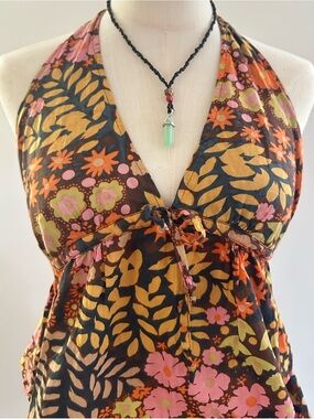 Palme Retro Floral Halter Top Black Pink Orange Boho Y2K Euro Cami S/M